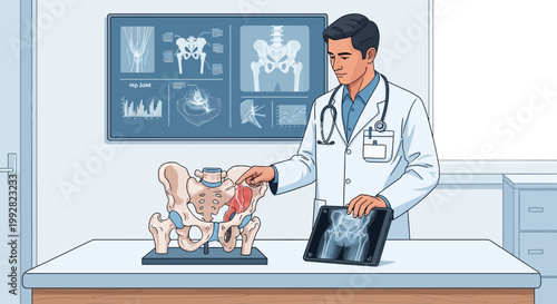 Doctor Explaining Pelvic Bone Anatomy Model and X-ray Image in Medical Office