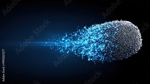 Digital Identity Dissolution: A dynamic depiction of a digital fingerprint gradually dissolving into a burst of bright, glowing particles.