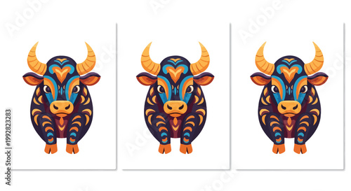 Colorful vector illustrations of bulls with unique tribal patterns and designs