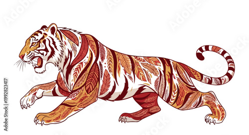 Tiger with autumn leaf pattern walking aggressively to the left side