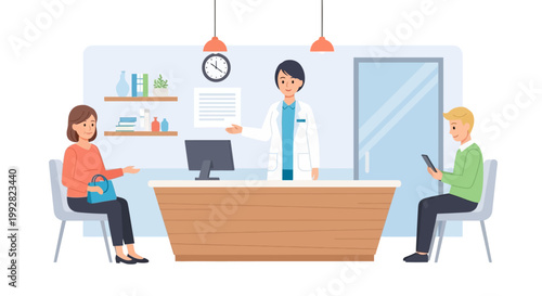 Doctor's office reception, patients waiting, medical reception desk, consultation