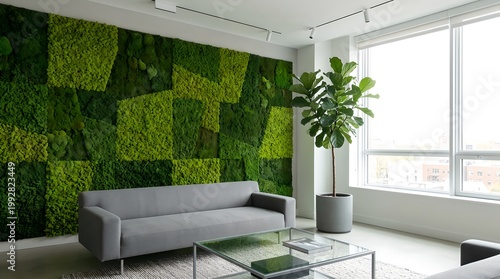 Modern living room with green living wall and gray couch