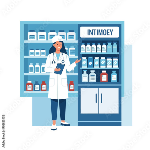 Female pharmacist in white coat with stethoscope holding clipboard in drugstore