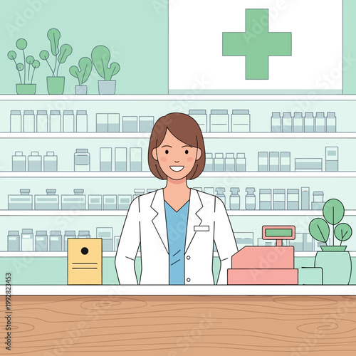 Friendly female pharmacist in white coat standing behind counter in modern drugstore with shelves of medicine