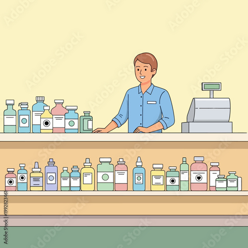 Friendly pharmacist or shopkeeper behind counter with shelves of colorful medicine bottles and cash register.