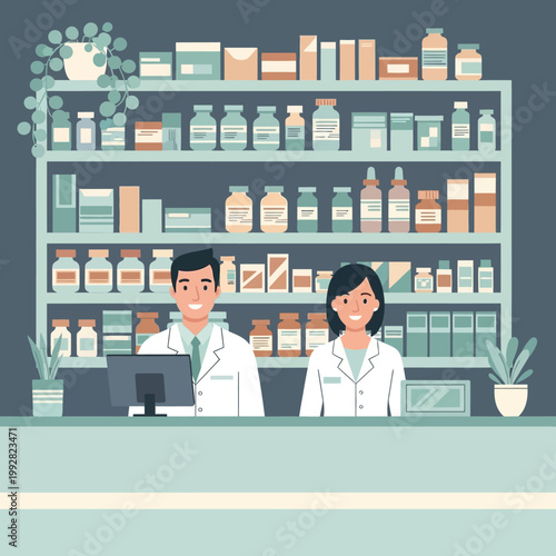 Happy Pharmacists Behind Counter with Shelves of Medicine and Plants