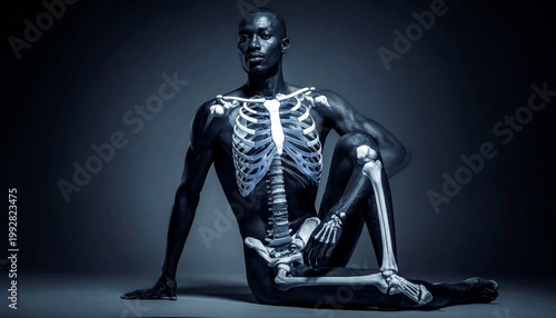 A glowing blue skeletal torso with rib cage, spine, and pelvis revealed beneath translucent skin, symbolizing anatomy, structure, and human resilience.