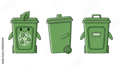 Three distinct green recycling bins are arranged in a row featuring one with a friendly face and a leaf another with a prominent wheel and a third with a rectangular label.