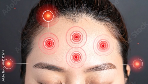   
A human scalp with thinning hair marked by red circular targets, symbolizing medical focus, treatment zones, and analysis.