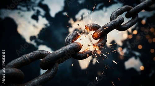 Rusty metal chain links breaking apart with sparks flying against blurred world map background symbolizing global conflict or breaking barriers for freedom.
