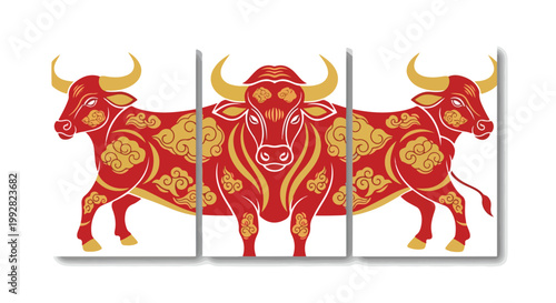 Red and gold chinese zodiac ox vector graphic illustration triptych art