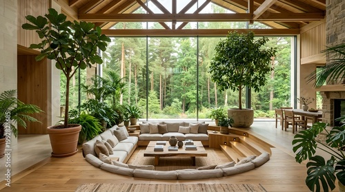 modern living room with circular seating and lush greenery