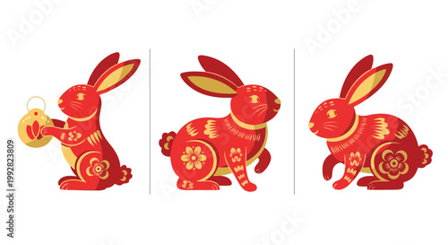Red rabbits with gold accents in three different poses illustration
