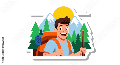 Flat design vector illustration of happy hiker enjoying mountain adventure lifestyle in bright sunlight with forest scenery