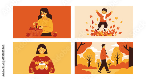 Cheerful people enjoying autumn season activities outdoors with warm sunlight in a vibrant natural setting