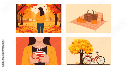 Collection of autumn season illustrations featuring a person walking in the park picnic scenery a woman holding hot tea and a bicycle under trees