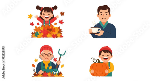 Flat design vector illustration of autumn season celebration featuring happy people enjoying fall foliage and warm drinks in a vibrant outdoor setting
