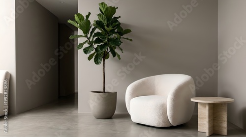 Modern minimalist interior with white chair and potted plant