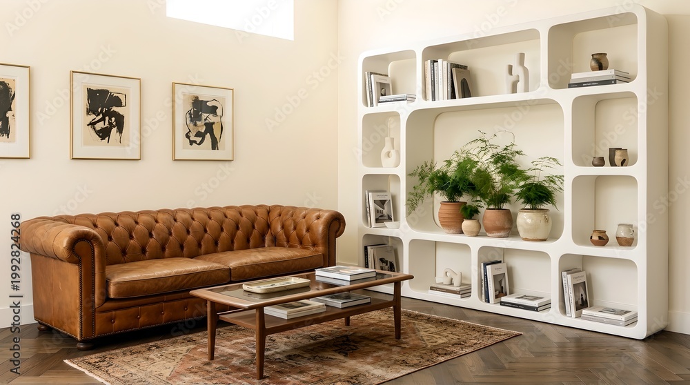 Fototapeta premium modern living room with brown leather sofa and white bookshelf