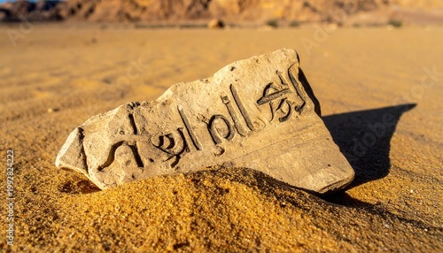 Ancient Egyptian Pottery Shard Ostracon Inscribed with Demotic Script Resting in Desert Sand