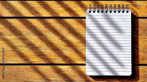 Notebook's Shadows: The image captures a clean, empty notepad resting on a wooden table, with sunlight casting intriguing shadow patterns across the surface. 