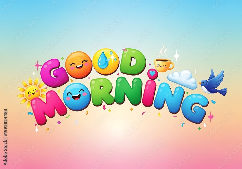 Fototapeta premium A cheerful and colorful graphic design greeting the start of a new day with playful letters and delightful icons.