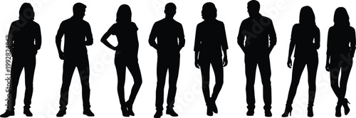 Group of people silhouettes featuring men and women standing in casual poses isolated on white background for social, lifestyle, and character design use