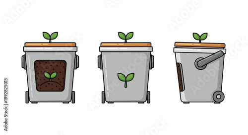 Three grey compost bins with brown lids and small green sprouts are depicted in front cutaway and side views on a plain white background.