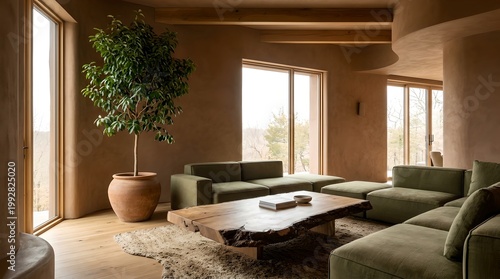 Modern Desert Living Room with Natural Wood Furniture and Lush Green Sofa