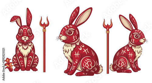 Red rabbits with devil horns and astrology symbols vector illustration
