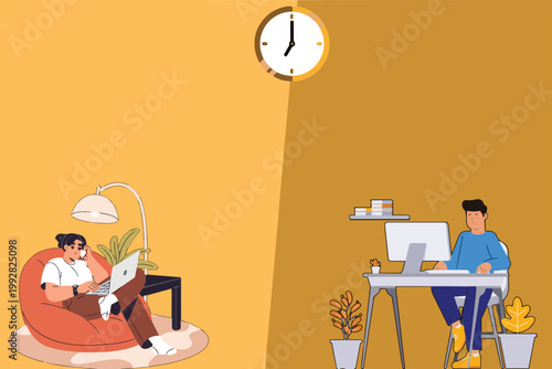 Illustration of hybrid work lifestyle showing a woman working on a laptop from home in a bean bag chair and a man at a professional office desk, representing modern flexible business environments