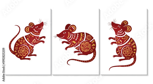 Three red and gold chinese new year rat illustrations side by side