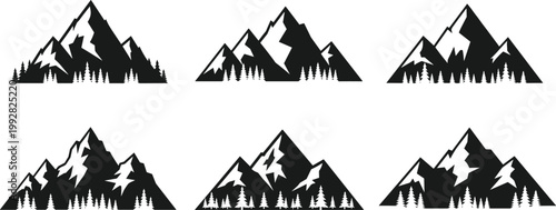 Mountain silhouettes collection with pine forest elements, nature landscape vector illustration set, outdoor adventure design, wilderness scenic icons isolated on white background