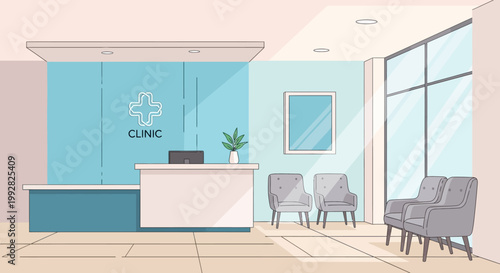 Modern Medical Clinic Waiting Room with Reception Desk and Seating Area
