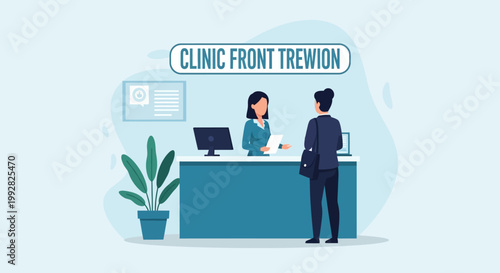 Patient at clinic reception desk, greeted by receptionist, vector illustration
