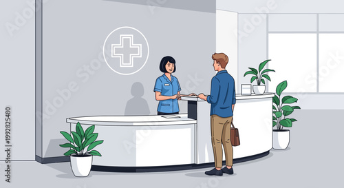 Patient at hospital reception desk talking to nurse, healthcare consultation