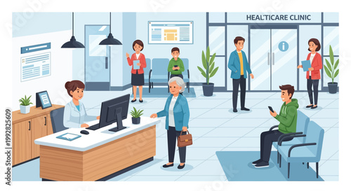 People waiting in a modern healthcare clinic reception area, doctor at desk