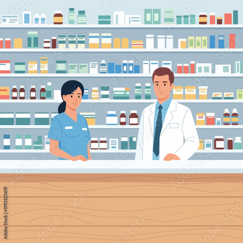 Pharmacist and Assistant Behind Counter in Pharmacy with Shelves of Medicine