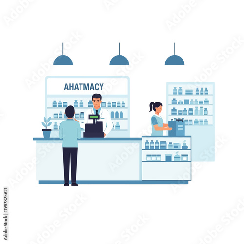 Pharmacist and customer at counter in modern pharmacy with shelves of medicine