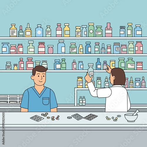 Pharmacist and Assistant Arranging Medicine Bottles on Shelves in Pharmacy