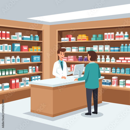 Pharmacist and Customer in Pharmacy Interior with Shelves of Medicine