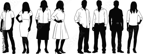 Set of business men and women silhouettes standing poses, corporate professionals vector collection for office, teamwork, and presentation design use