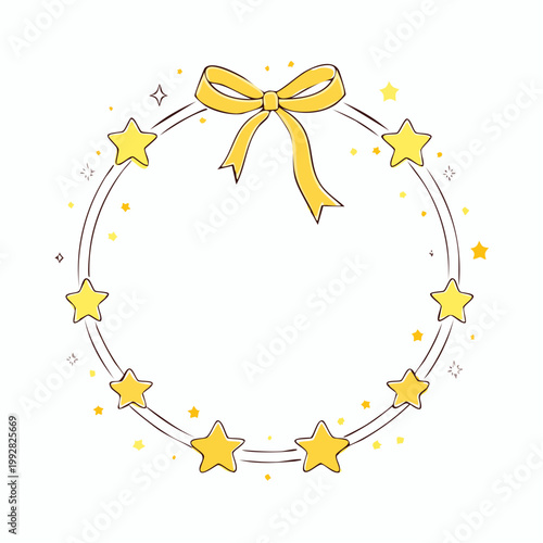 星空キラキラ円形フレームかわいい黄色リボン線画ポップ枠