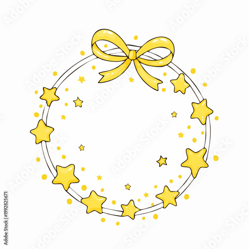 星空キラキラ円形フレームかわいい黄色リボン線画ポップ枠