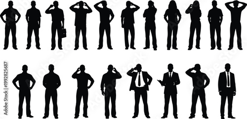 Set of business people silhouettes with communication gestures, corporate professionals vector collection for office, leadership, teamwork, and presentation design use