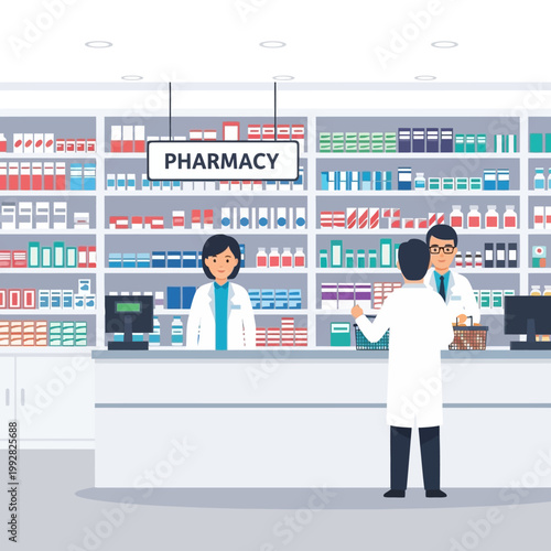 Pharmacist and customer interacting at pharmacy counter with shelves of medicine in background