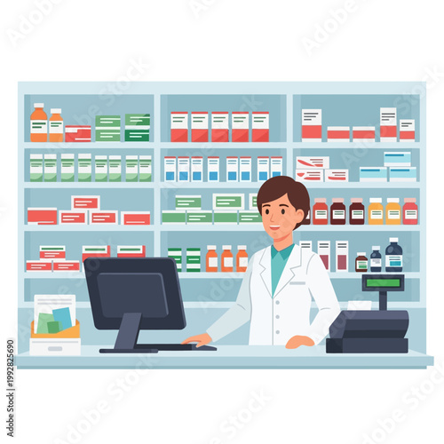 Pharmacist at checkout counter with computer and shelves of medicine