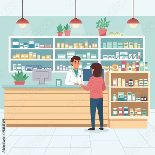 Pharmacist assisting customer at pharmacy counter with shelves of medication
