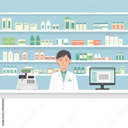 Pharmacist In White Coat Behind Counter With Medications And Computer In Pharmacy