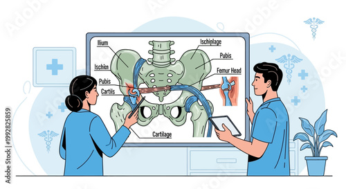 Medical Professionals Studying Pelvic Anatomy and Hip Joint Diagram
